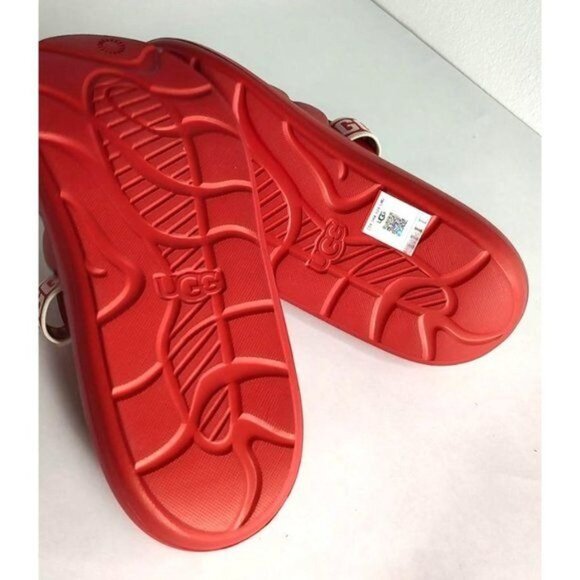 UGG Sport Yeah Sandals 9 Samba Red Slides logo Print Backstrap Resort Beach - Picture 8 of 10